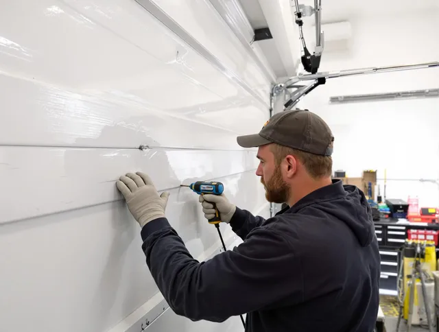 Compton Garage Door Repair technician demonstrating precision dent removal techniques on a Compton garage door