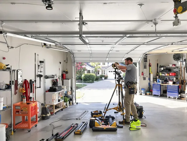 Compton Garage Door Repair specialist performing laser-guided track alignment in Compton